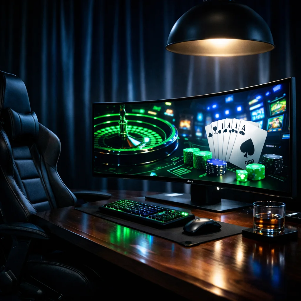 Laptop, tablet en telefoon met casino-app op een donker bureau